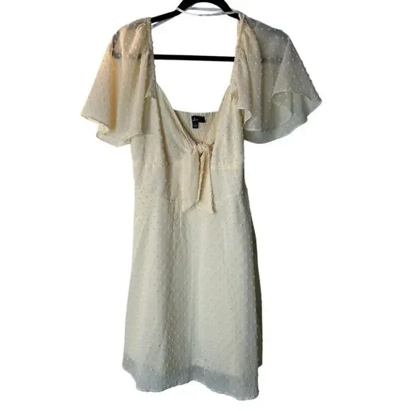 Lulus Dress Size Large Be a Dear Tie‎ Front Mini in Cream Smocked Back Swiss Dot