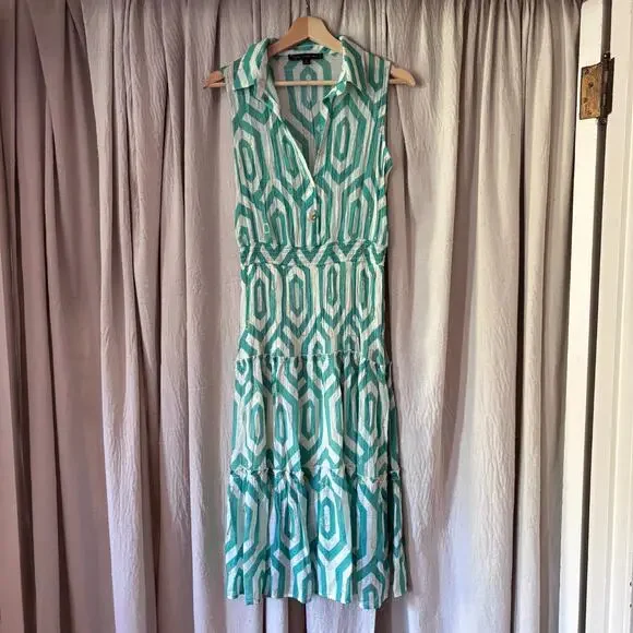 Alex & Parker Geometric Print Tiered Lightwear Resortwear Midi Dress Teal Gold S