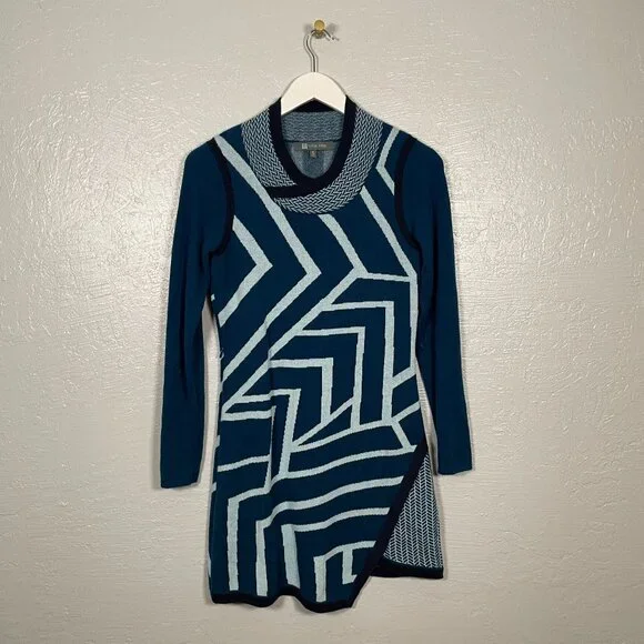 Title Nine Women S Blue Geometric Sweater Dress Cowl Neck Pockets Merino Wool