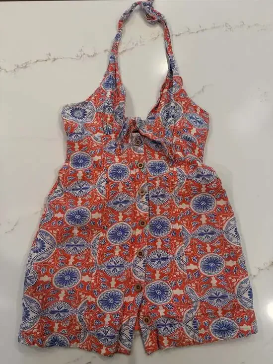 Maeve by Anthropologie Red and Blue Floral Halter Button-Front Mini Dress