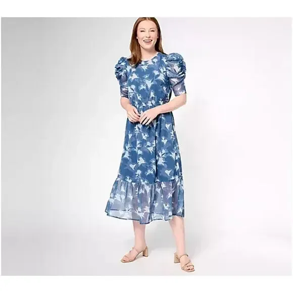Destination 365 Reg Printed Chiffon Midi Dress Womens Large Blue Indigo Floral
