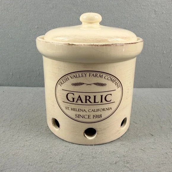 Chefs Fresh Valley Farm Co Stoneware‎ Garlic Keeper Storage Crock Canister 7