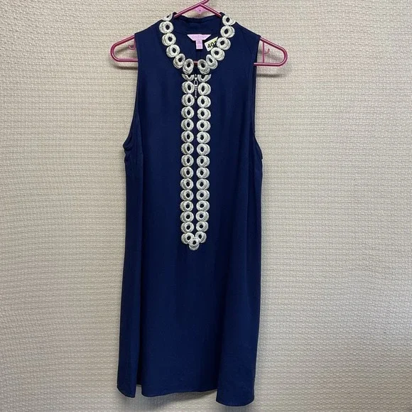 Lilly Pulitzer Jane Shift Dress Navy Blue Gold‎ Embroidery Zip Up Women's sz 10