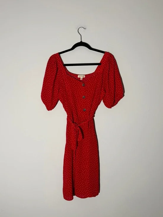 Monteau Red Polka Dot Puff-Sleeve Midi Dress Size M