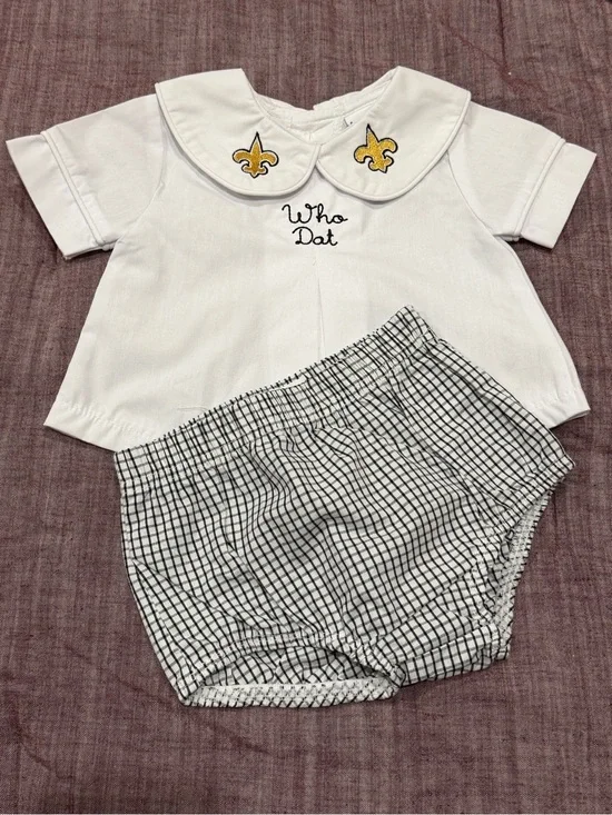 White Baby Top & Black Check Bloomers Set - 'Who Dat' 3mos