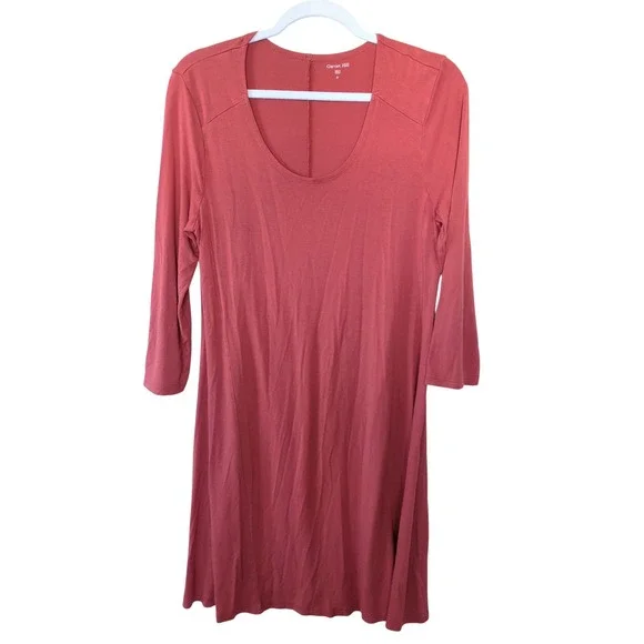 Garnet Hill Coral Knit Swing Dress 3/4‎ Sleeve Stretch Minimalist Boho M Scoop