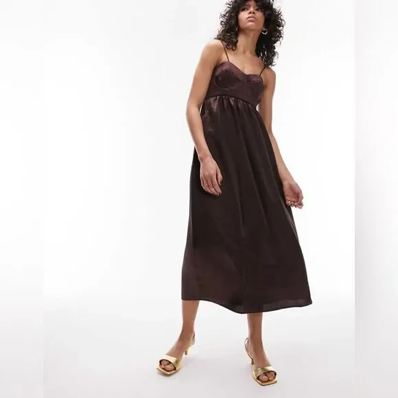 NWT TOPSHOP Corset Bust Satin Midi Dress In Chocolate-brown Size 10