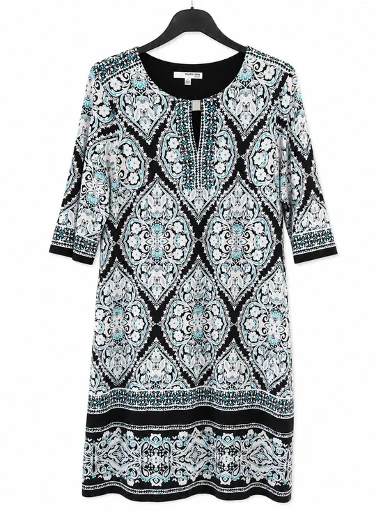 Studio One Black White and Aqua Medallion Tunic Dress