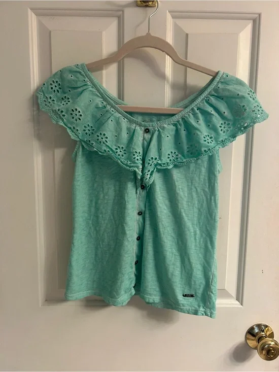 Justice Mint Off-Shoulder Eyelet Fauo Button-Front Camisole