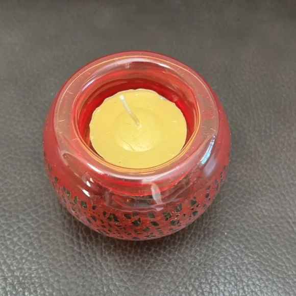 Murano Glass Orange Tea Light Candle Holder with Gold Fleck Accents