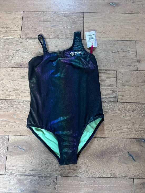 Justice Girls' Black Iridescent One-Piece Swimsuit with Lime Lining