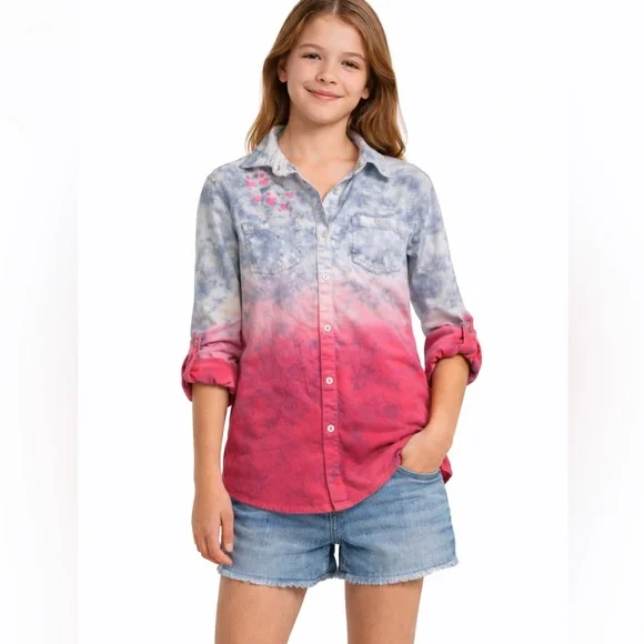 Justice girls Tie dye button down collar shirt with hearts sz 14
