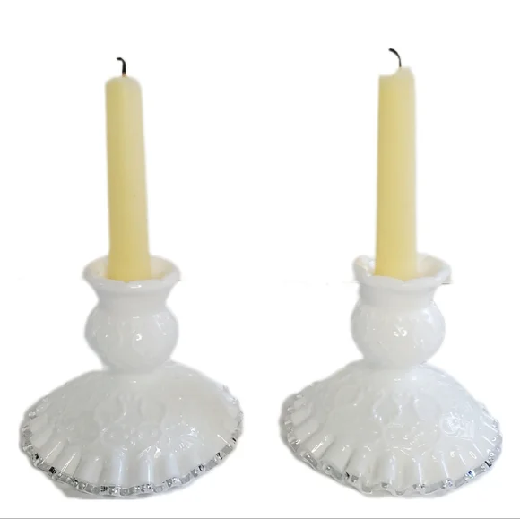 Fenton Elegant Vintage White Milk Glass Candle Holders with Ruffled Edge