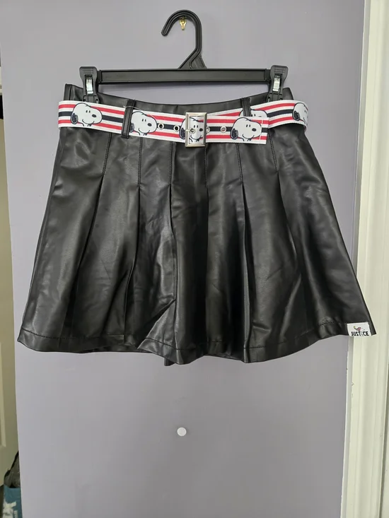 Justice Black Faux Leather Pleated Skater Skirt with Snoopy Stripe Belt