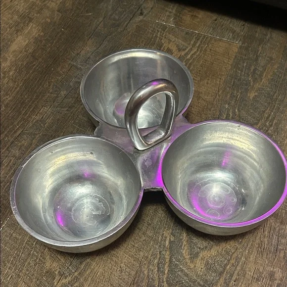 Pewter 3 Compartment Condiment Snack Nut‎ Candy Dish Handle Made in India