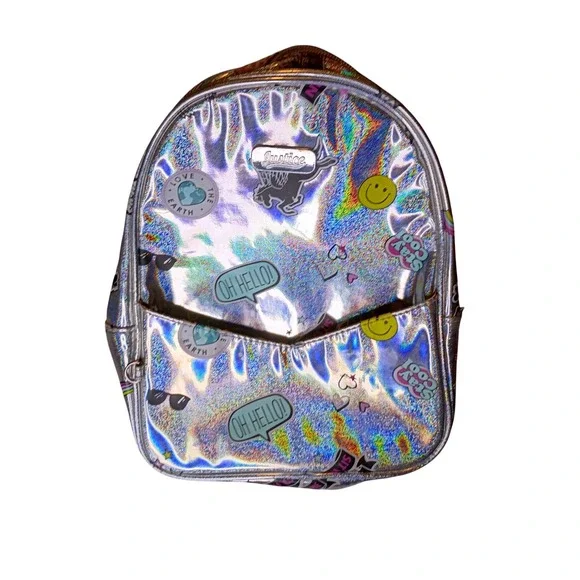Justice Girls Silver Holographic Mini Backpack Iridescent Sticker Print Bag‎