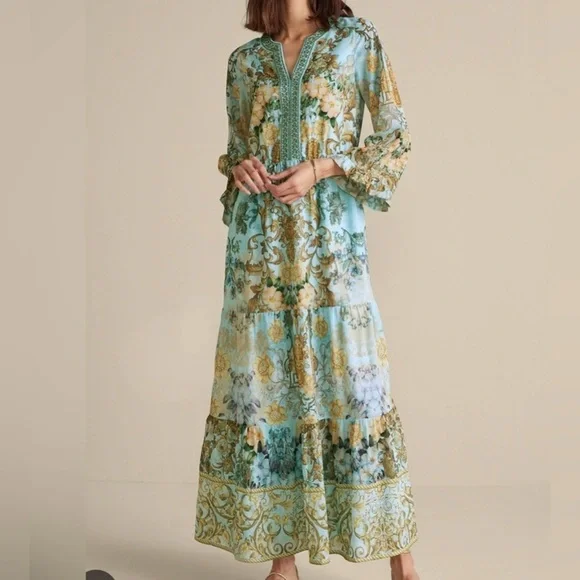 Soft Surroundings Baroque Maxi Dress Tiered floral Lined Beaded Size Medium vaca