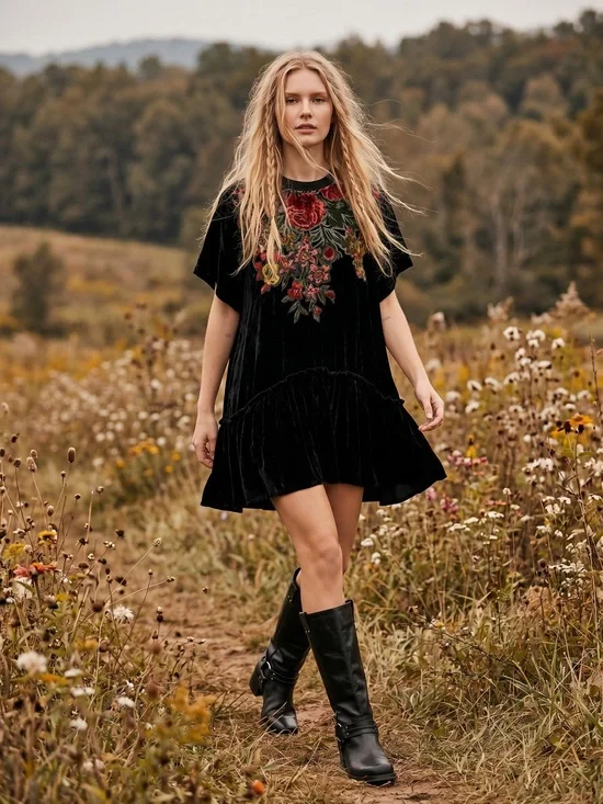 Free People Bohemian Sweet Echoes Black Floral Velvet Devore Tunic Dress XS