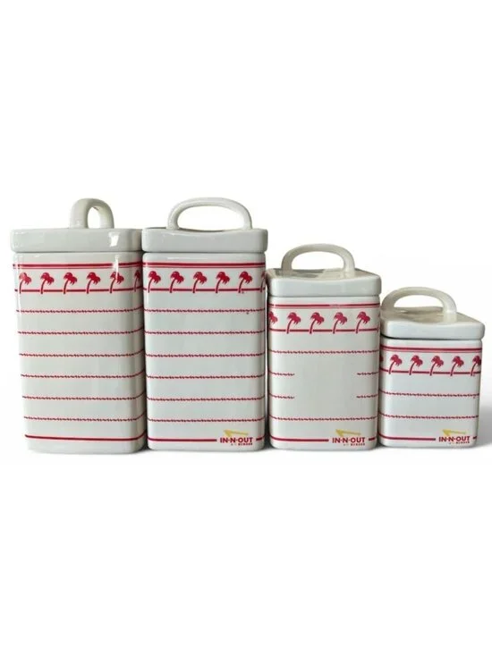 In-N-Out Burger Ceramic Canister Set of 4 With Lids Red White Palm Tree Design