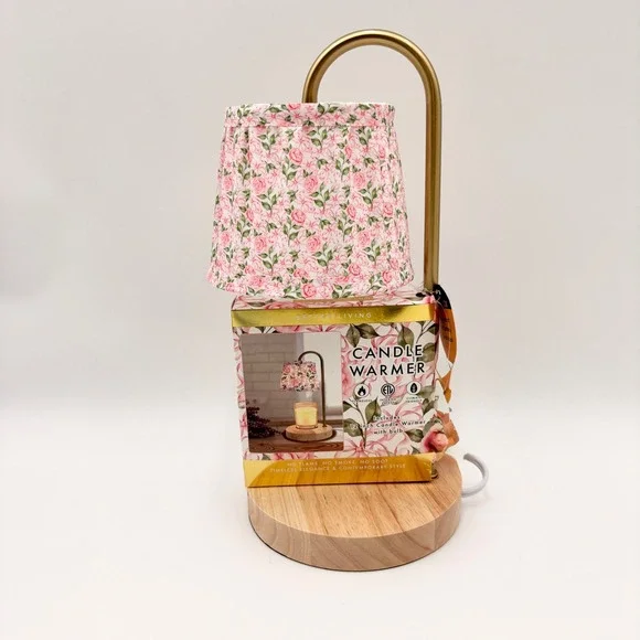 Better Living Candle Warmer Lamp Floral Shade Wood Base Timer Gold Pink NEW