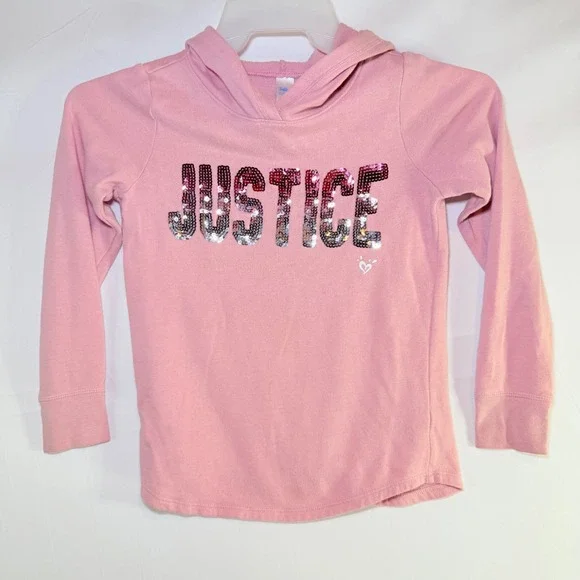 Justice Girls Pink Flip Sequin Logo Hoodie Sweatshirt Sz 8 Long Sleeve Pullover