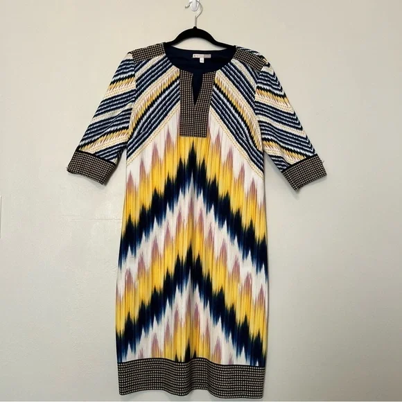 Signature Camryn Dress 3/4 Sleeve Abstract Navy Yellow knee length‎ 12