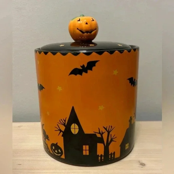 Halloween Canister Spooky Town Witch, Moon, Stars, Bats, Owl, Black Cat, Pumpkin
