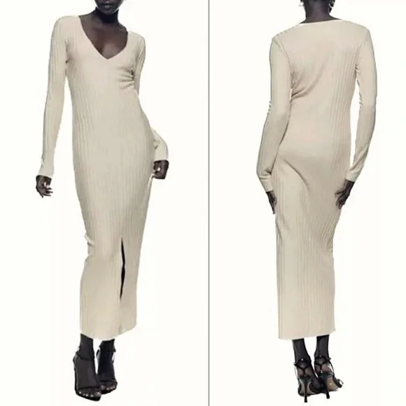 Zara Cream Long‎ Sleeve Dress V-Neck Knit Slit Classic Wardrobe Staple Capsule