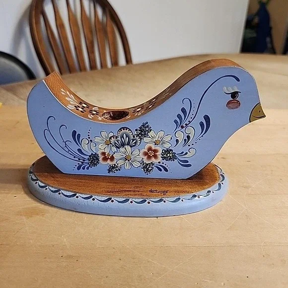 Vtg Blue Bird Hand Painted Wood  Candlestick Holder Floral Artist Signed Cottage