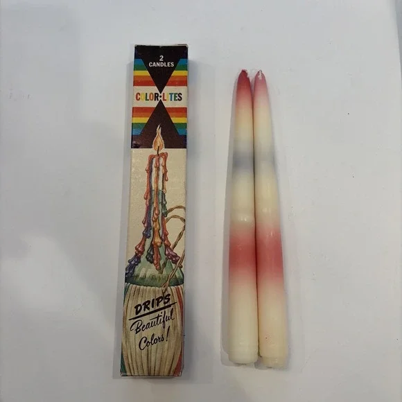 Set of 2 Vintage Color-Lites Wax Beautiful Color Drip Taper Candles with Box