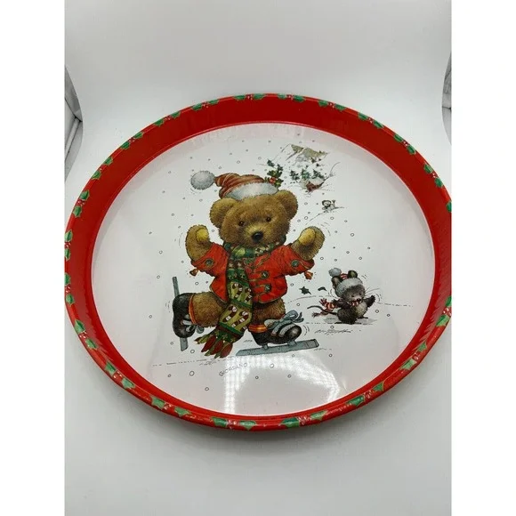 1992‎ Giordano Christmas Tin Platter Plate Teddy Bear & Mouse Skating