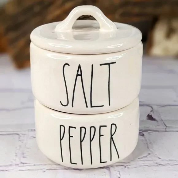 Rae Dunn SALT & PEPPER Ceramic 2 Piece Stacking Cellar Set with Lid