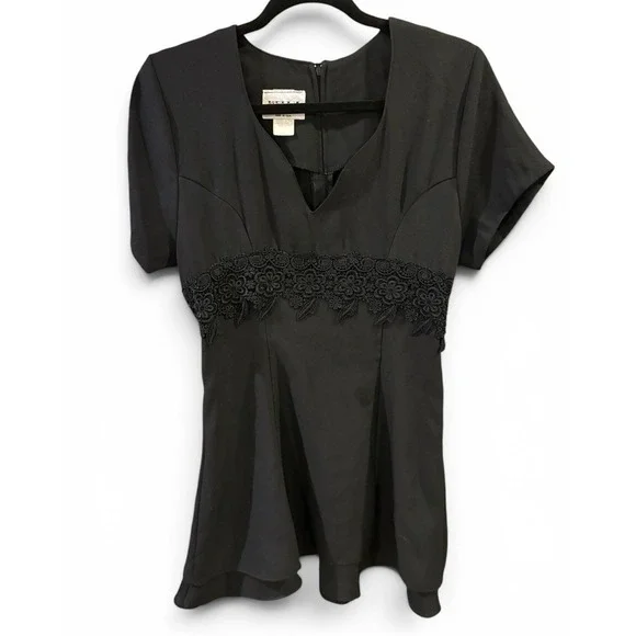Vintage Kelly Fashion Black V-Neck Short Sleeve Lace Mini Dress Women's Size M-L
