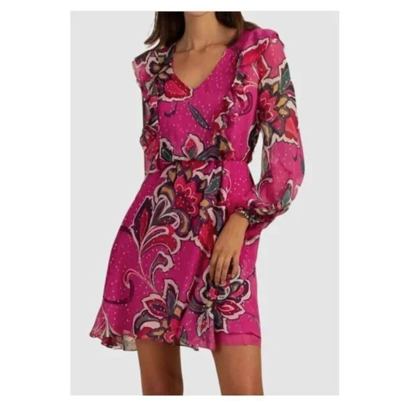 New Trina Turk Women's Pink Silk Ruffled Balloon Sleeve A Line Dress P2592