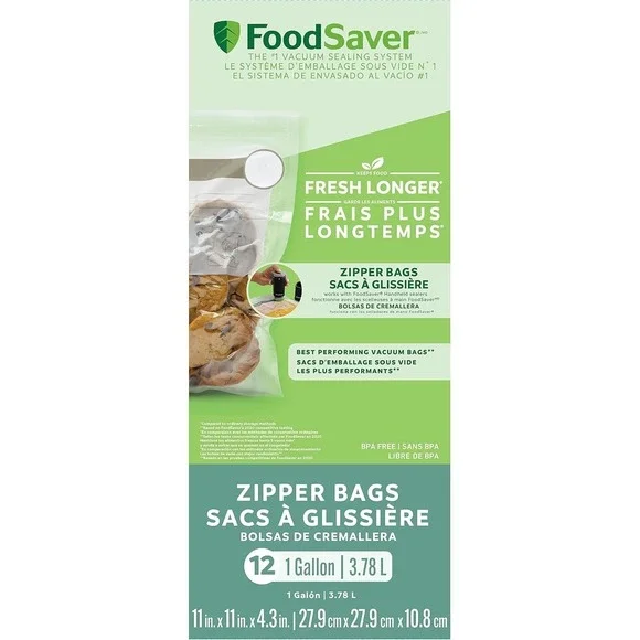 FoodSaver 1-Gallon (3.78L) Vacuum Zipper‎ Bags, 12 Count, Multi-ply material