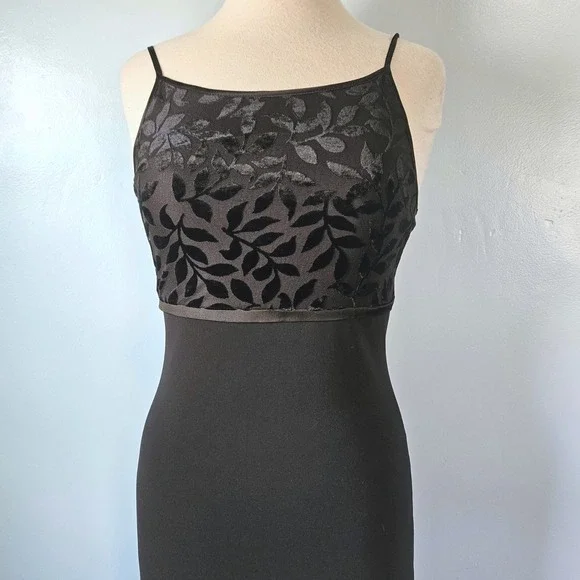 Vtg 90s Byer Too Black Burnout Velvet Leaf Maxi Dress Spaghetti Strap Medium USA