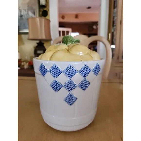Pear Topped Canister, ceramic, blue, yellow,  COLLECTIBLE!!