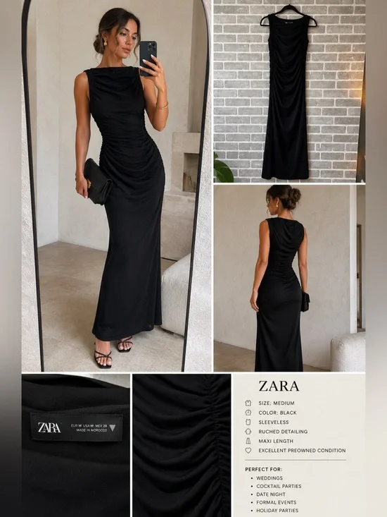 Zara Black Ruched Maxi Dress Medium Sleeveless Draped Evening Cocktail Formal