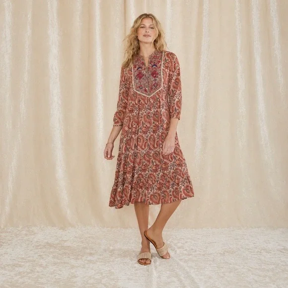 NEW RAGA Naya Embroidered Paisley Midi Dress Beige Red Boho Tiered XS