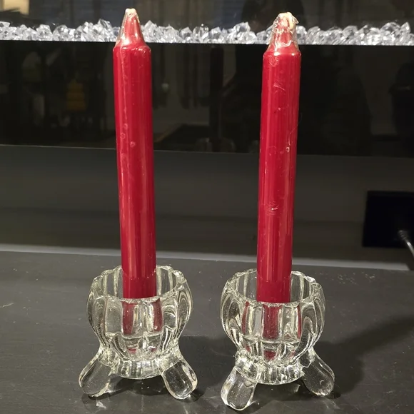 Vintage Jeannette Glass National #2200 three-toed candlestick holders