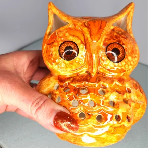 Ceramic owl drip glaze orange luminaria retro orange tealight‎ candle holder