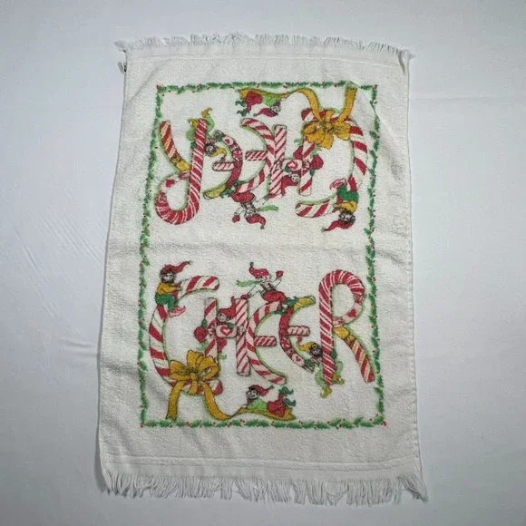 Cannon Christmas Towel 15 x 24‎ Candy Cane Cheer Elves and Holly Vintage