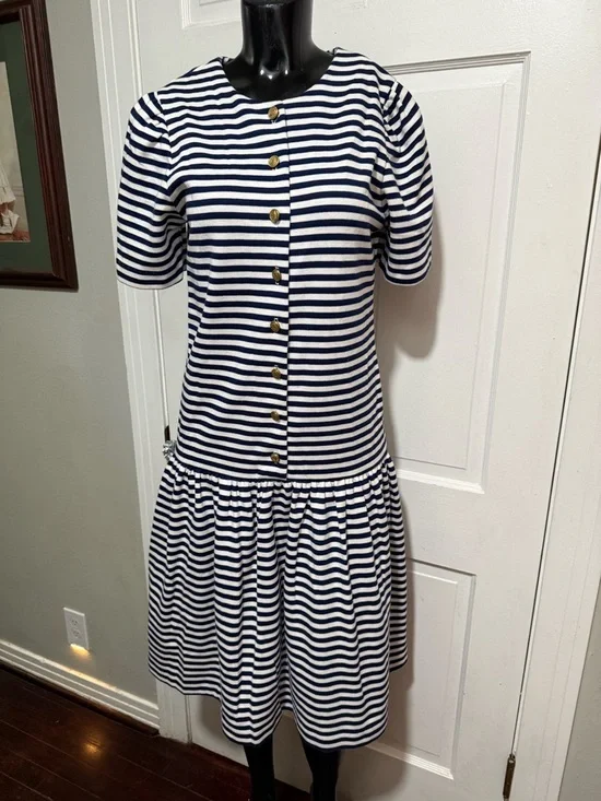 Girls Womens Vintage Fourth of July Stripe Drop Waist Nautical Dress Size 14