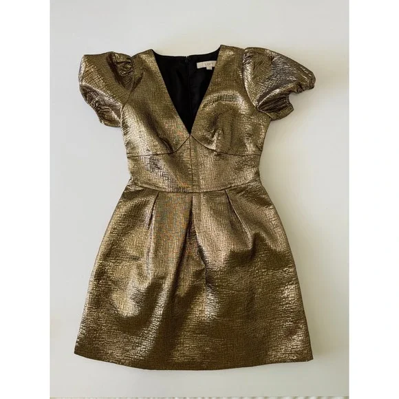 LOFT Metallic Jacquard V-Neck Puff Sleeve Mini Flare Dress Women's Size 2 Gold‎