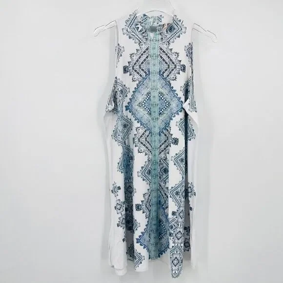 Altar'd State Size Medium Blue & White Boho Jersey Knit Mock Neck Dress