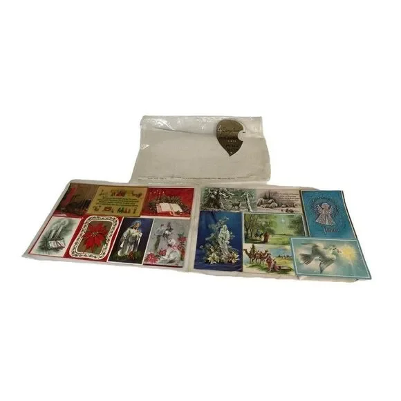 Vintage Set of 2 Kitchen Vinyl Foam Backed Christmas Placemats Postcard Collage