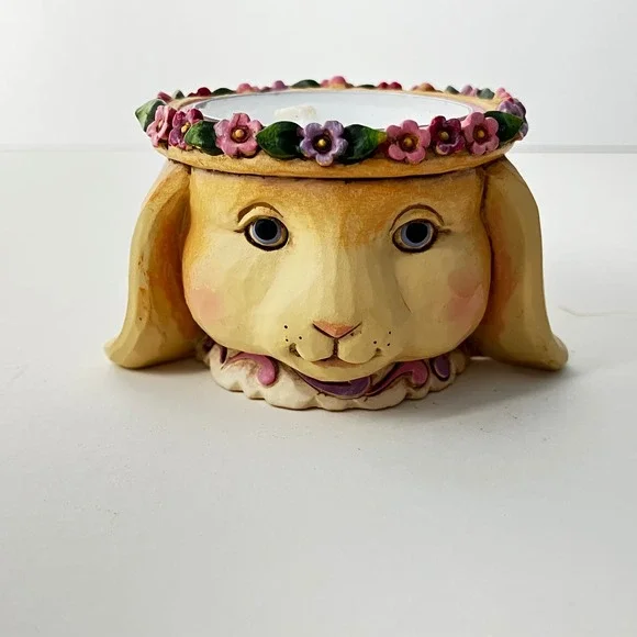 Jim Shore Votive Candle Holder Heartwood Creek 4020623 Yellow Bunny Floral Crown