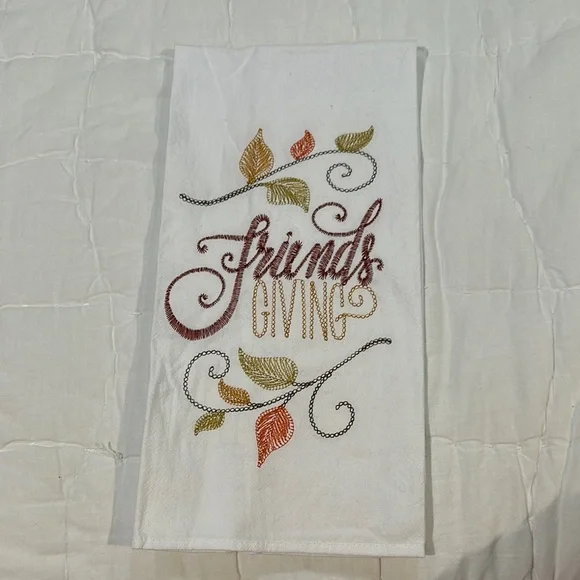 NWOT: Thanksgiving Embroidered Kitchen Towel - White with Autumn Leaves