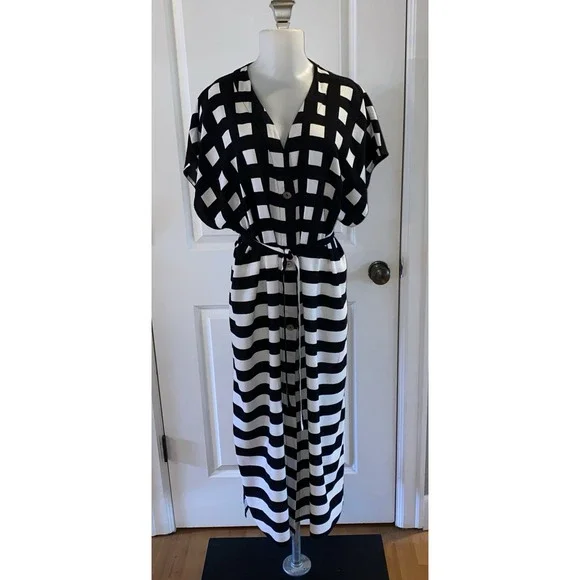 Garnet‎ Hill Size M Black White Print Modern Shirt Dress Obsidian Stripe Check