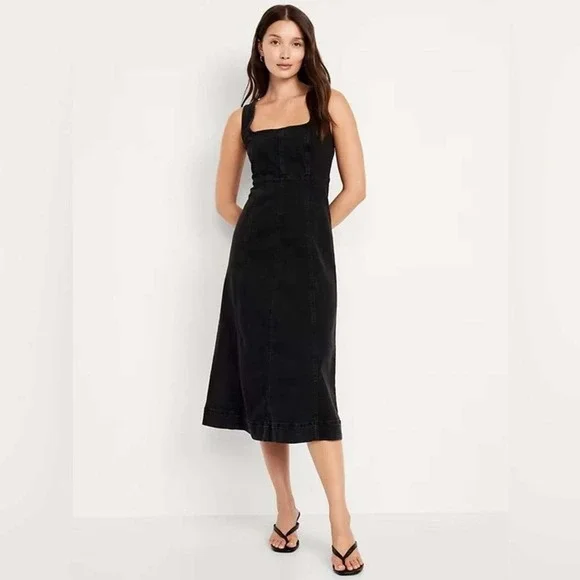 Old Navy Womens Black Fit & Flare Sleeveless Denim Midi Dress Square Neck M NEW